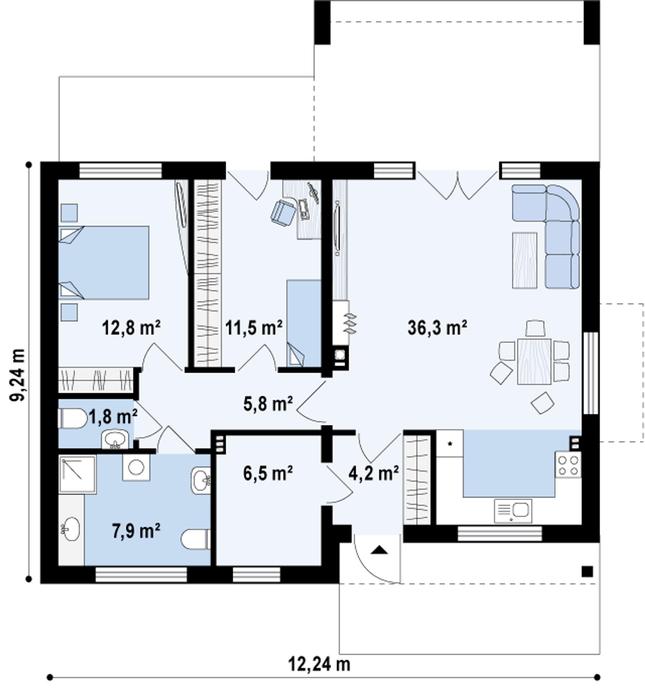 Rzut parteru POW. 86,9 m²
