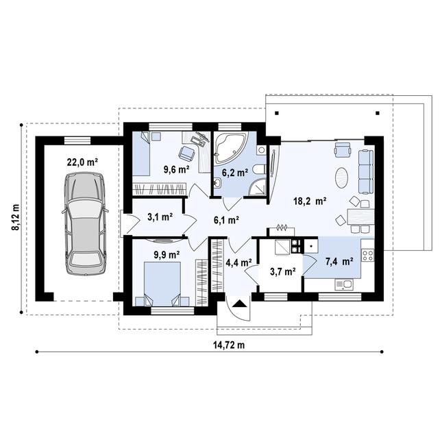Rzut parteru POW. 89,9 m²