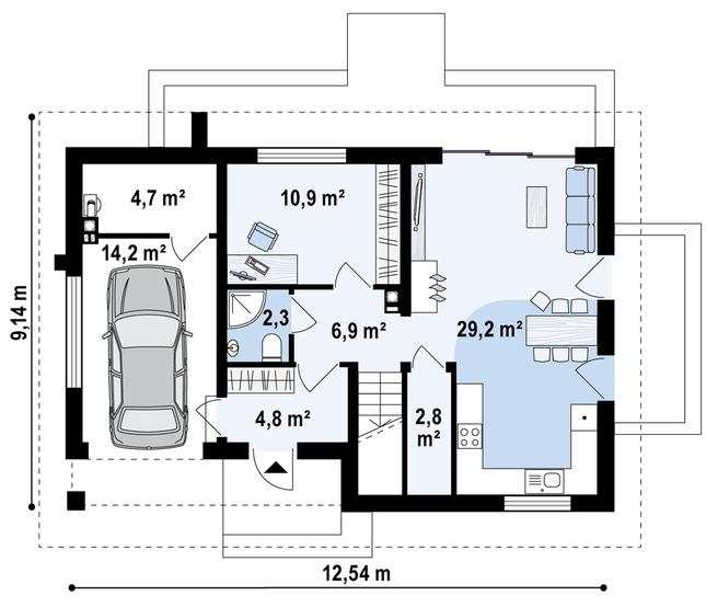Rzut parteru POW. 72,3 m²