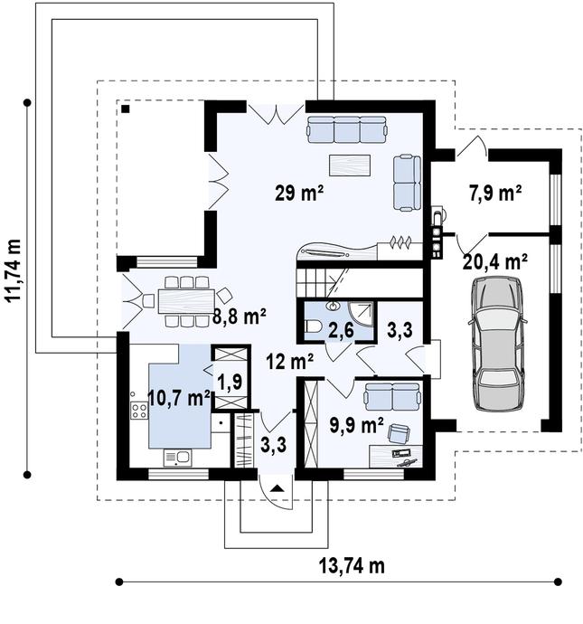 Rzut parteru POW. 105,4 m²