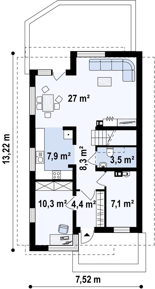 Rzut parteru POW. 64,7 m²