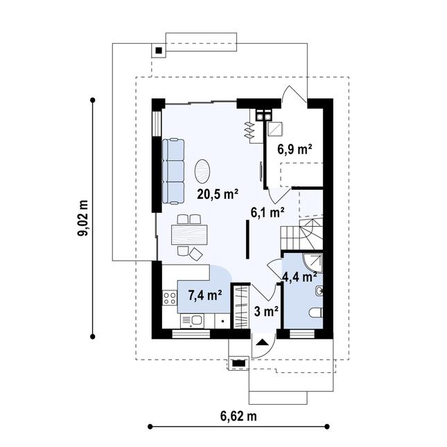 Rzut parteru POW. 48,1 m²