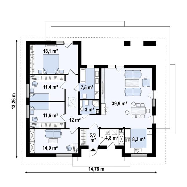 Rzut parteru POW. 135,4 m²