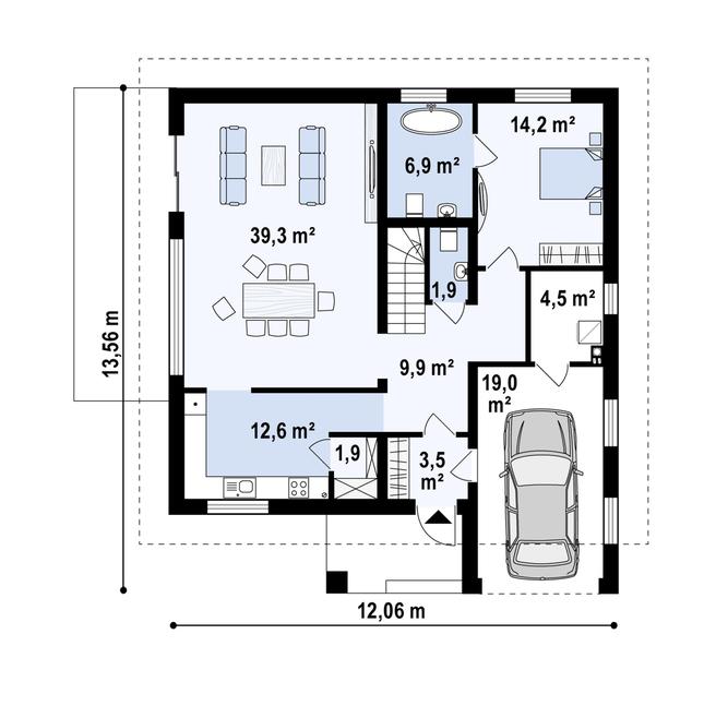 Rzut parteru POW. 113,8 m²