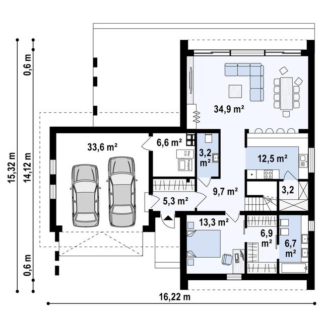 Rzut parteru POW. 136,1 m²