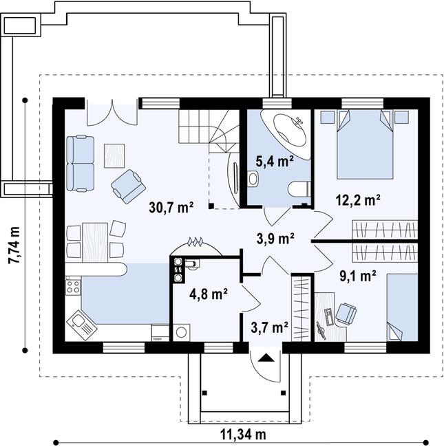 Rzut parteru POW. 68,9 m²