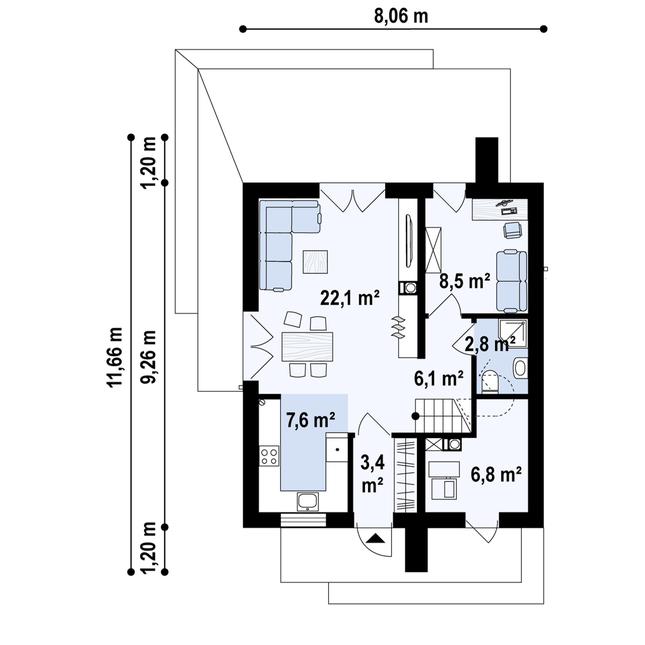 Rzut parteru POW. 55,8 m²