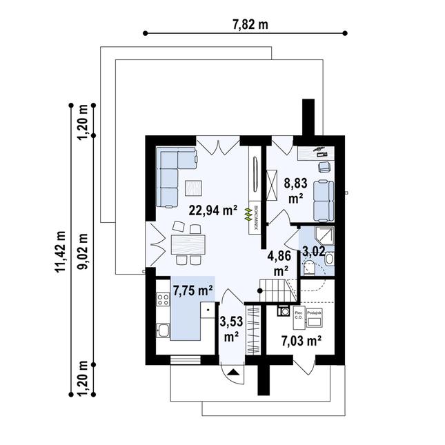 Rzut parteru POW. 58,0 m²