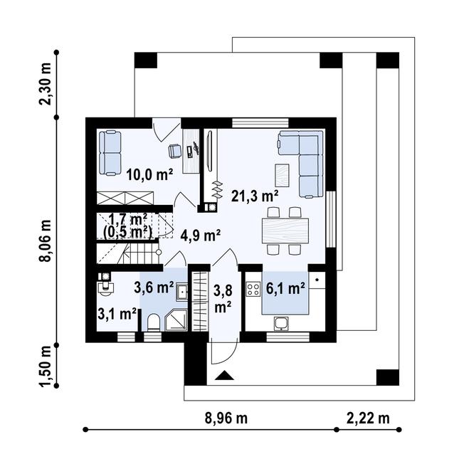Rzut parteru POW. 52,8 m²