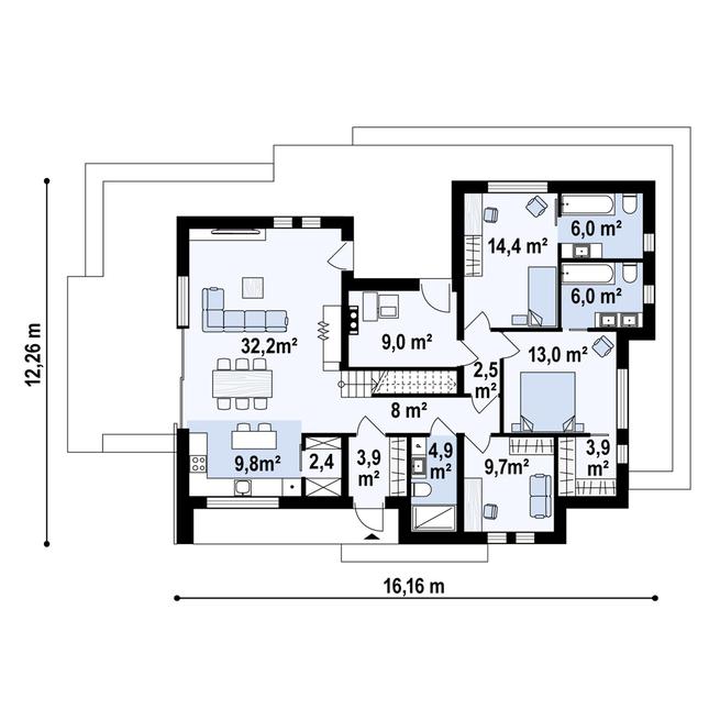 Rzut parteru POW. 129,3 m²