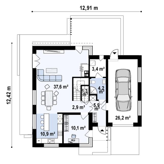 Rzut parteru POW. 102,3 m²