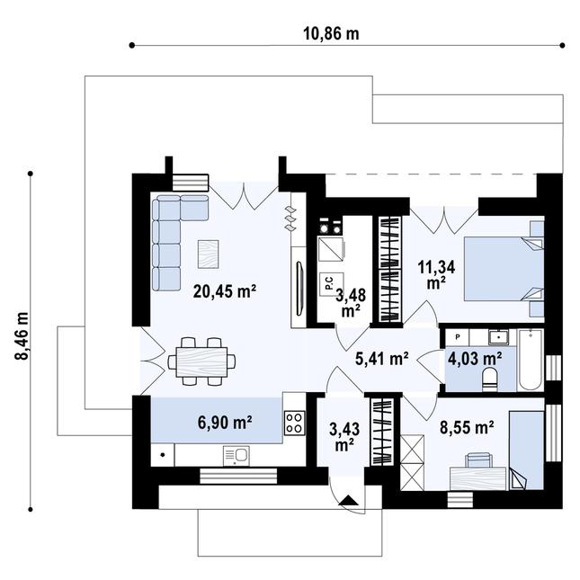 Rzut parteru POW. 63,6 m²