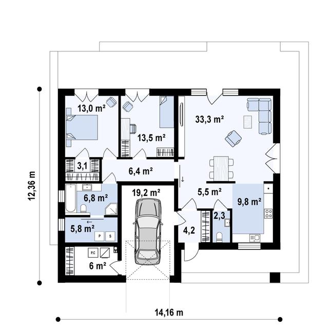 Rzut parteru POW. 128,6 m²