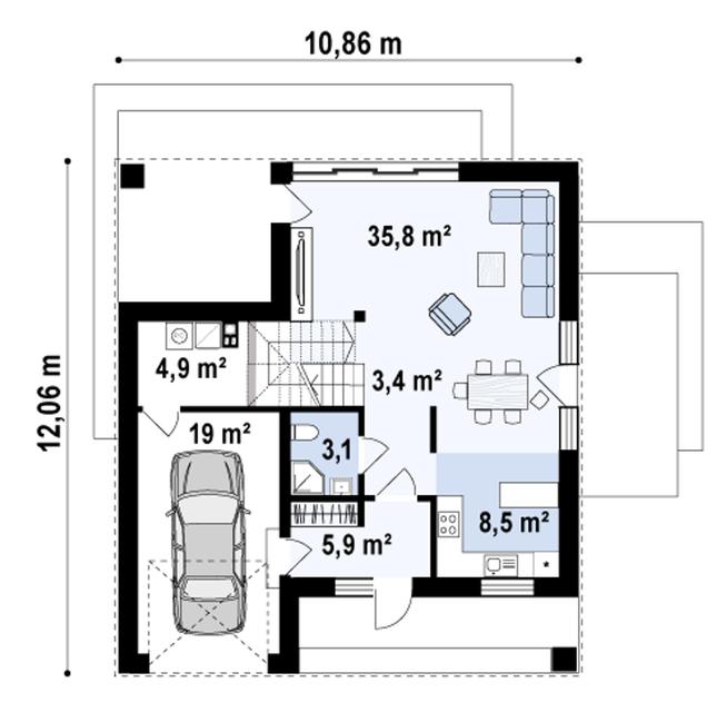 Rzut parteru POW. 80,7 m²