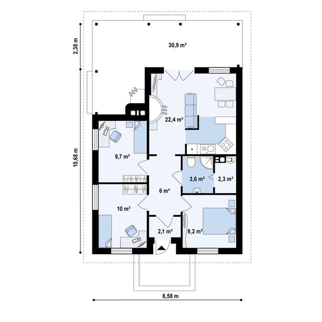 Rzut parteru POW. 64,6 m²