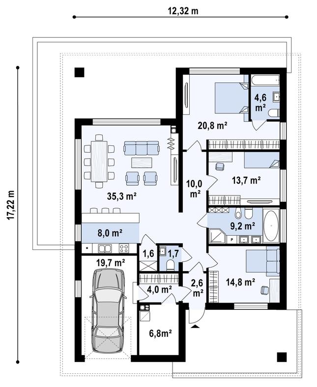 Rzut parteru POW. 152,8 m²