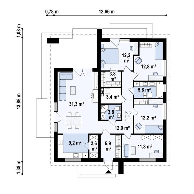 Rzut parteru POW. 127,0 m²
