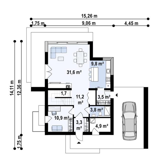 Rzut parteru POW. 82,2 m²