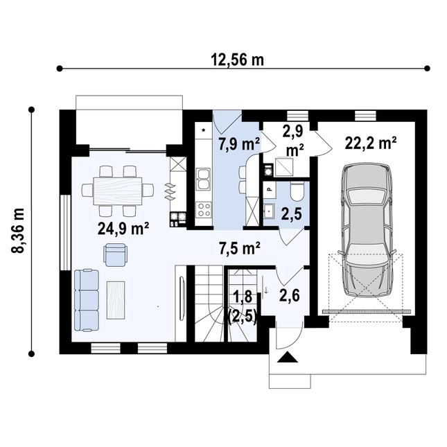 Rzut parteru POW. 70,2 m²