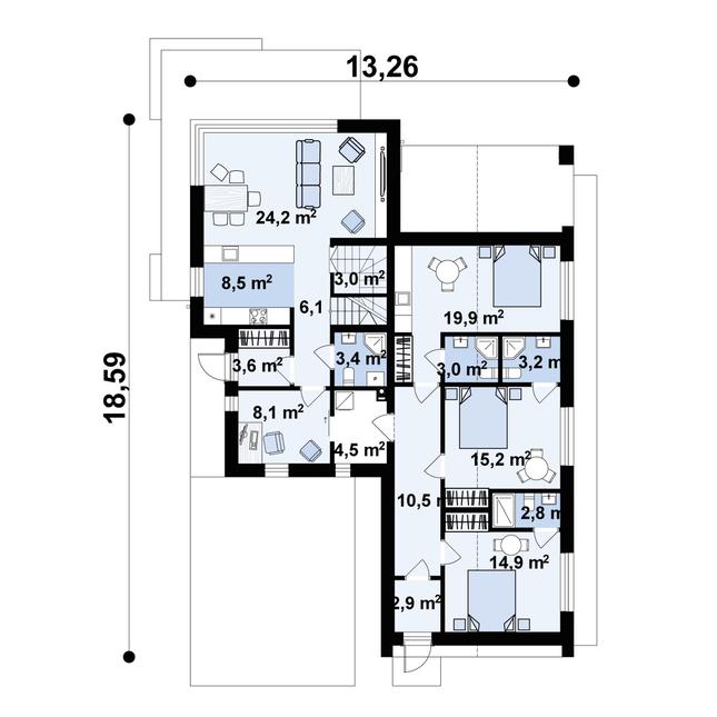 Rzut parteru POW. 133,6 m²
