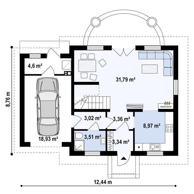 Rzut parteru POW. 77,5 m²