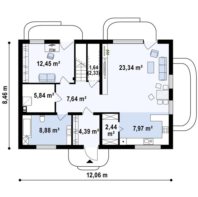 Rzut parteru POW. 75,3 m²