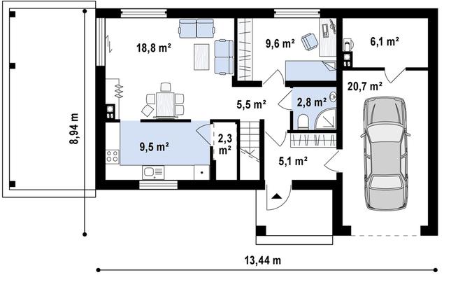 Rzut parteru POW. 79,8 m²