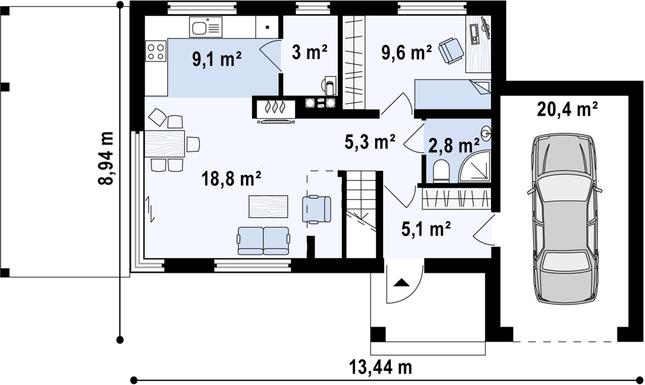 Rzut parteru POW. 73,3 m²