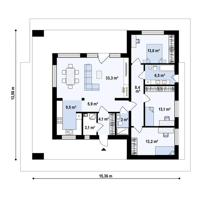 Rzut parteru POW. 113,6 m²