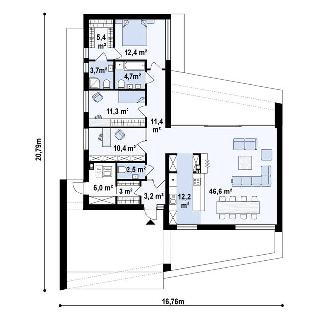 Rzut parteru POW. 132,9 m²