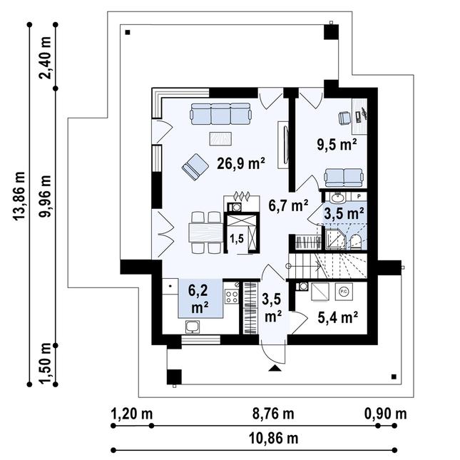 Rzut parteru POW. 63,1 m²