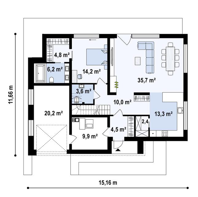 Rzut parteru POW. 124,6 m²