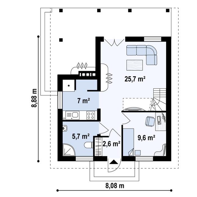 Rzut parteru POW. 48,0 m²