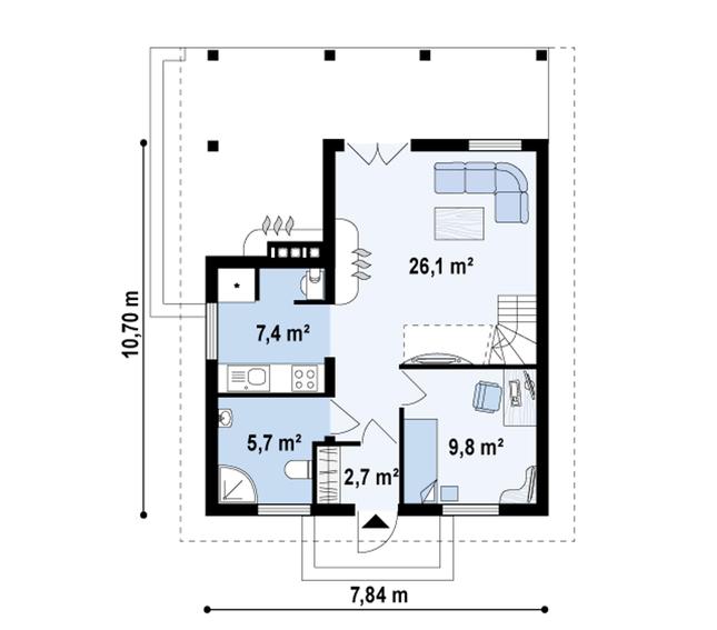 Rzut parteru POW. 44,3 m²