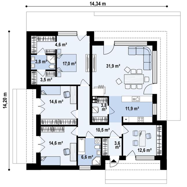 Rzut parteru POW. 138,9 m²