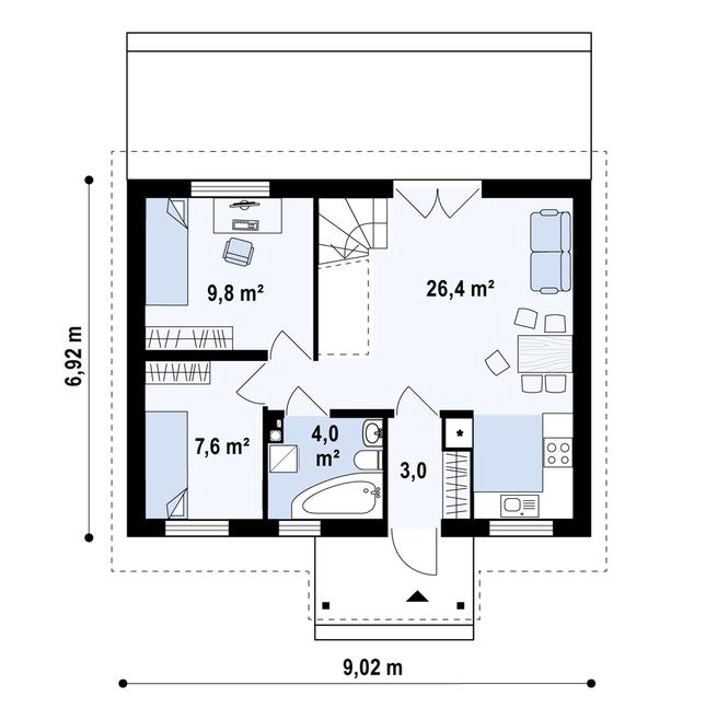 Rzut parteru POW. 50,9 m²