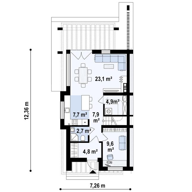 Rzut parteru POW. 60,7 m²