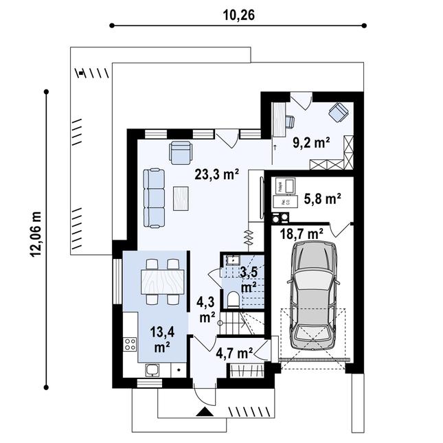 Rzut parteru POW. 82,8 m²