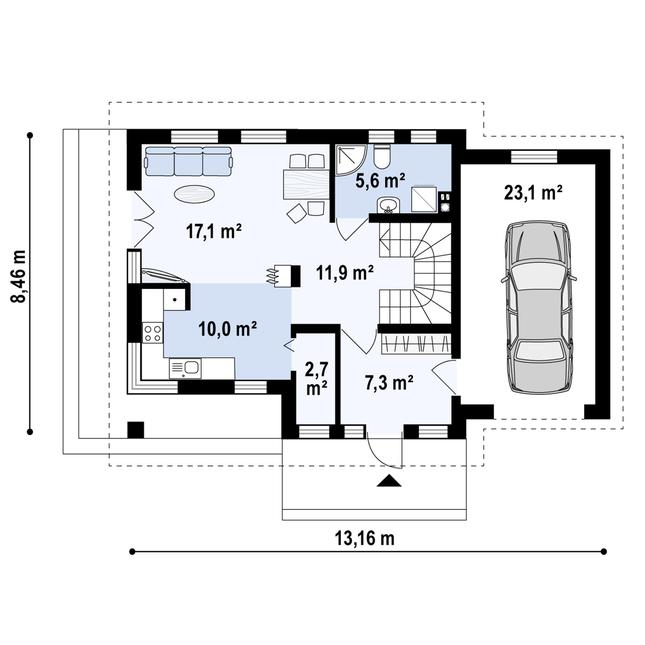 Rzut parteru POW. 77,7 m²