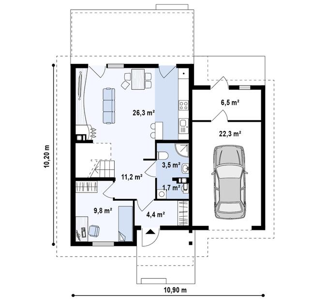 Rzut parteru POW. 84,8 m²