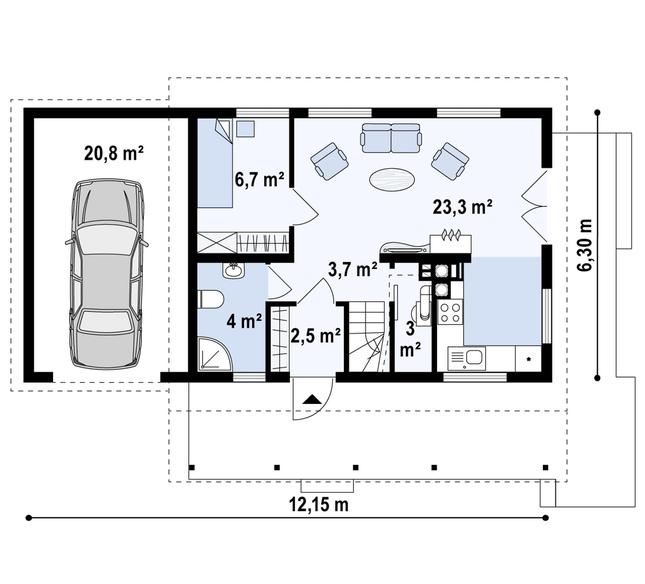 Rzut parteru POW. 61,6 m²