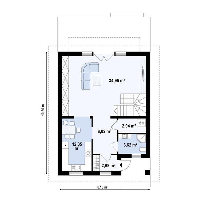 Rzut parteru POW. 62,6 m²