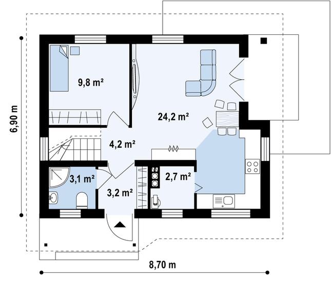 Rzut parteru POW. 43,6 m²
