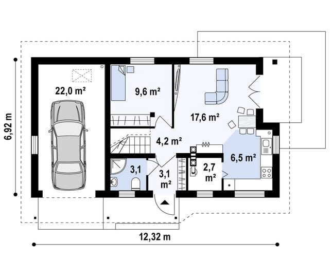 Rzut parteru POW. 65,3 m²