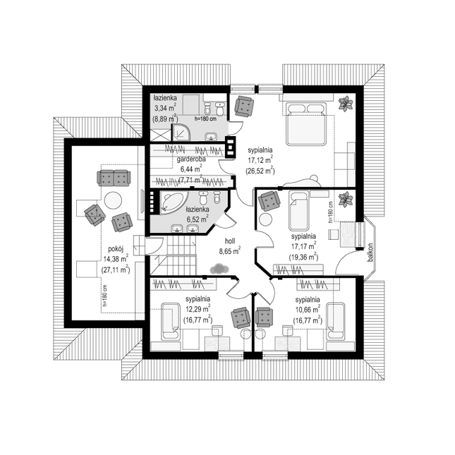 Rzut poddasza lustro POW. 138,3 m²