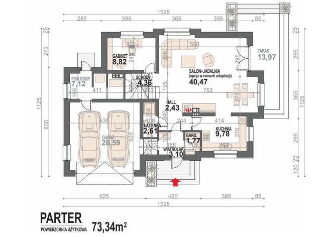 Rzut parteru: wariant 1 POW. 109,1 m²