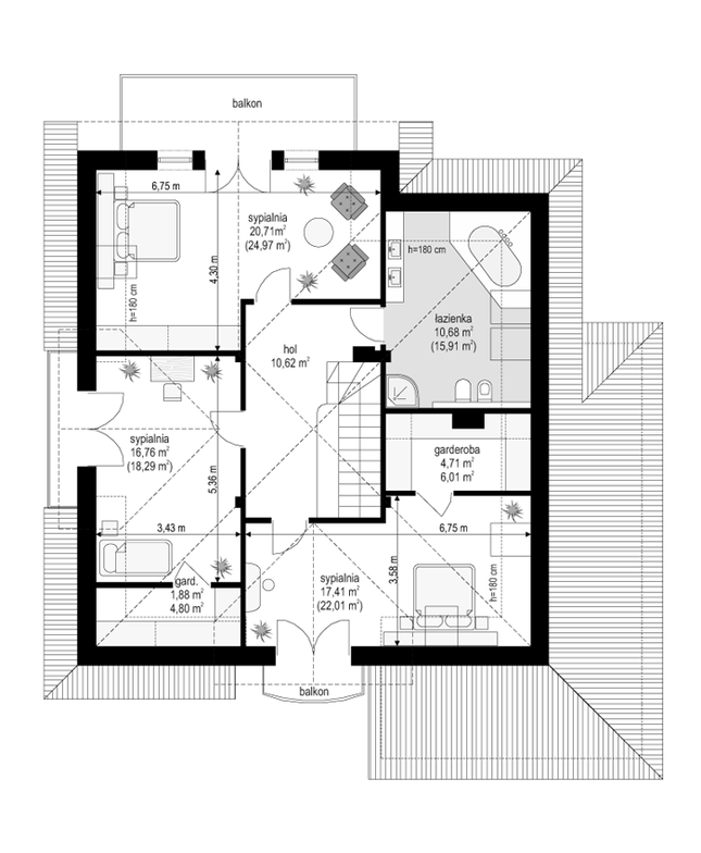 Rzut poddasza lustro POW. 102,6 m²