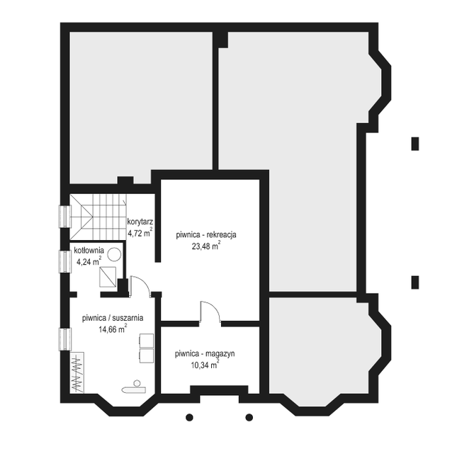 Rzut piwnicy lustro POW. 57,4 m²