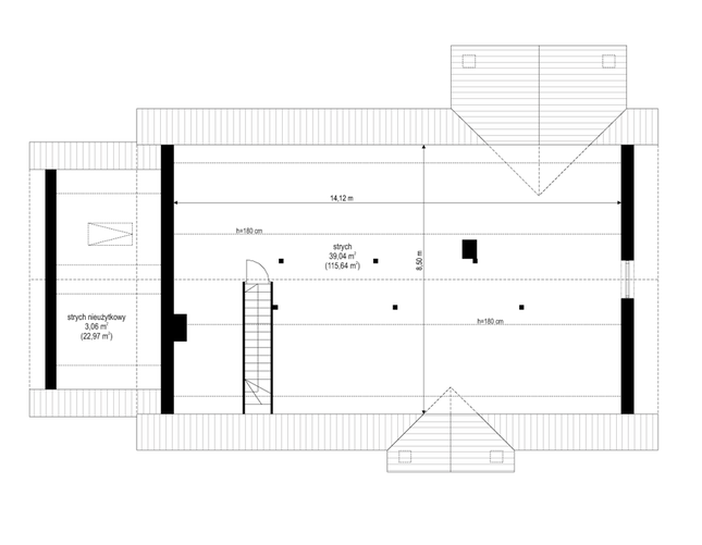 Rzut strychu lustro POW. 115,6 m²