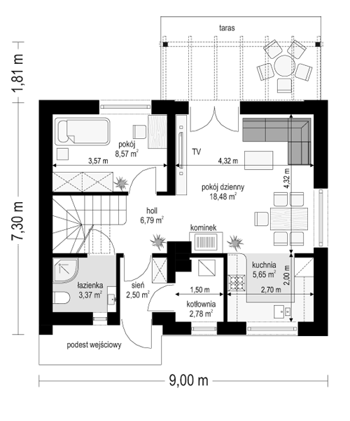 Rzut parteru POW. 48,1 m²